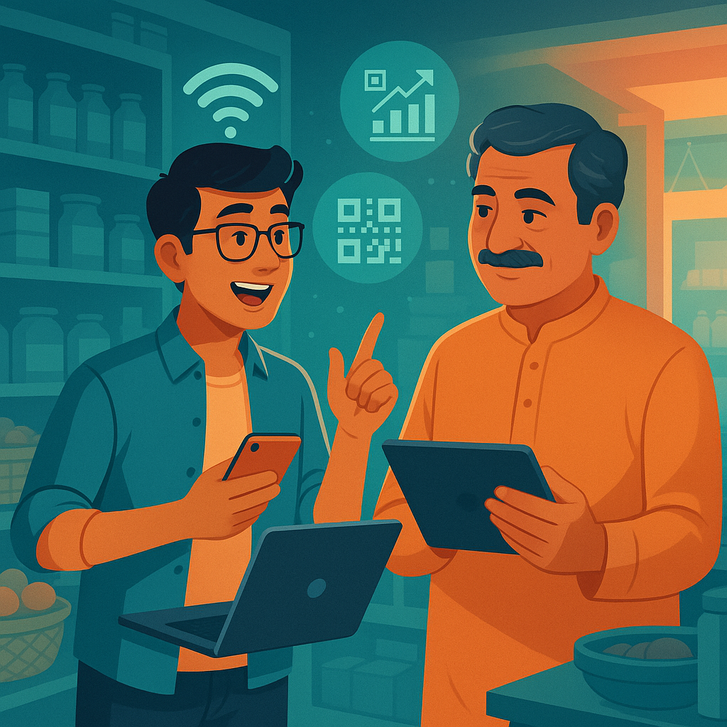 Shop owner and student collaborating on digital transformation