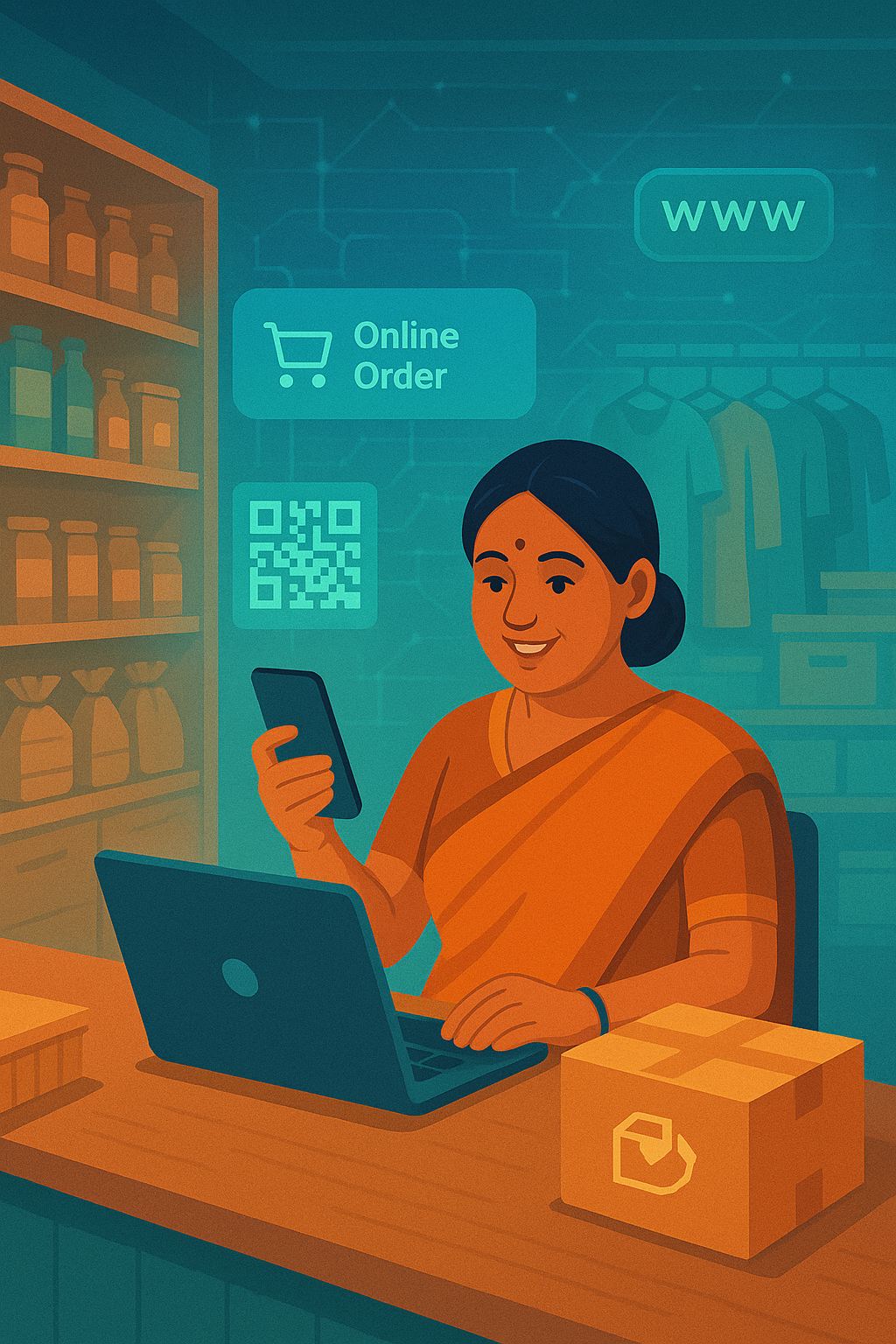 Small shop owner managing online store with laptop and smartphone