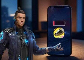 A smartphone displaying Free Fire gameplay with a battery icon at 10%.