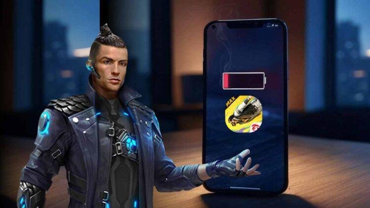 A smartphone displaying Free Fire gameplay with a battery icon at 10%.