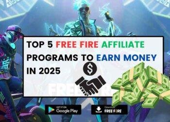 A vibrant banner showcasing Free Fire characters and affiliate program logos.