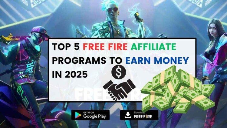 A vibrant banner showcasing Free Fire characters and affiliate program logos.