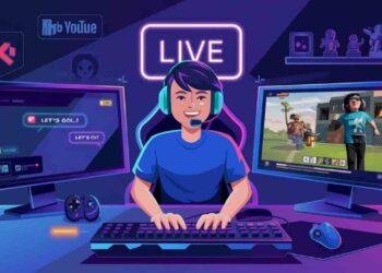 A vibrant banner showing a gamer streaming with a headset, colorful overlays, and a chat box.