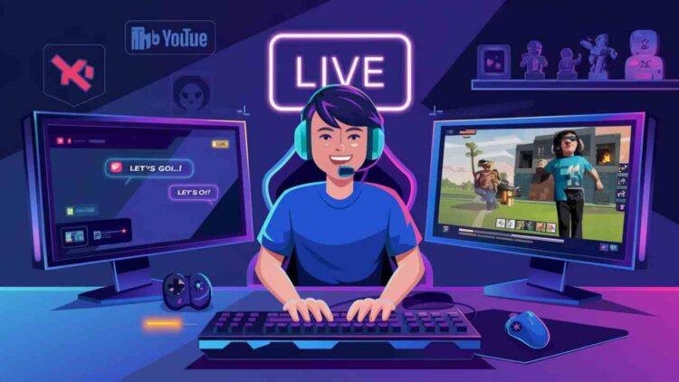 A vibrant banner showing a gamer streaming with a headset, colorful overlays, and a chat box.