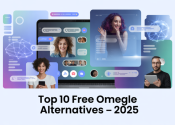 People using video chat platforms on laptops and smartphones, symbolizing top free alternatives to Omegle in 2025.