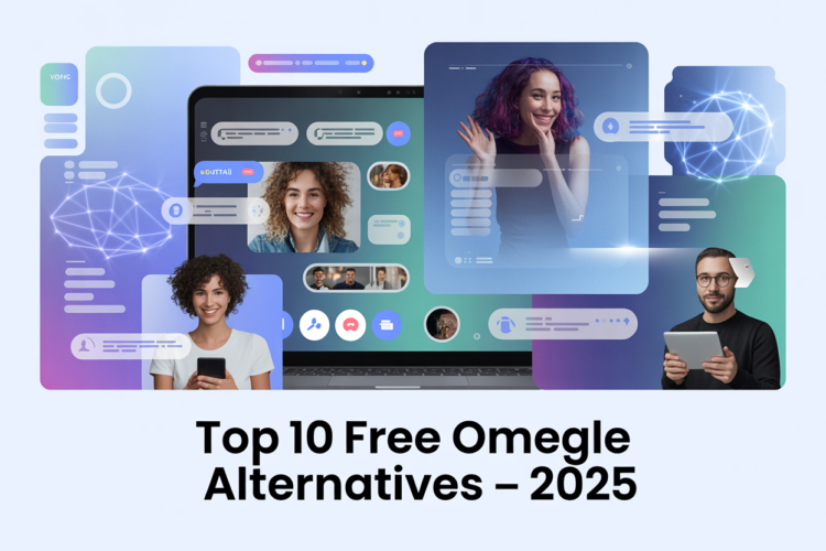 People using video chat platforms on laptops and smartphones, symbolizing top free alternatives to Omegle in 2025.