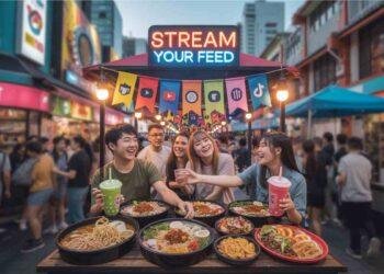 A colorful banner displaying a food business with streaming platform graphics.