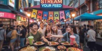 A colorful banner displaying a food business with streaming platform graphics.