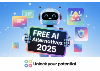 Robot showcasing free alternatives to ChatGPT in 2025 with chat and privacy icons.