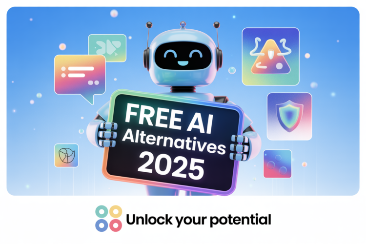 Robot showcasing free alternatives to ChatGPT in 2025 with chat and privacy icons.