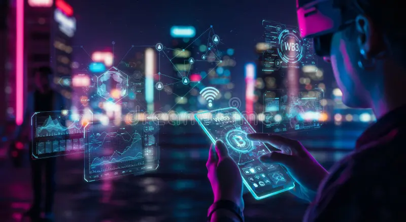 The Future of Web Development 2 web augmented reality finance blockchain digital technology interface showing data futuristic vibrant urban setting 356860091