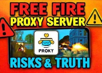 Smartphone showing Free Fire match overlaid with blue proxy icon and red warning sign, headline “Proxy Server Risks & Truth”.