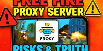 Smartphone showing Free Fire match overlaid with blue proxy icon and red warning sign, headline “Proxy Server Risks & Truth”.