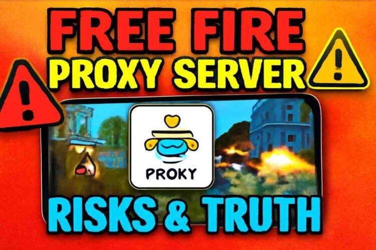 Smartphone showing Free Fire match overlaid with blue proxy icon and red warning sign, headline “Proxy Server Risks & Truth”.