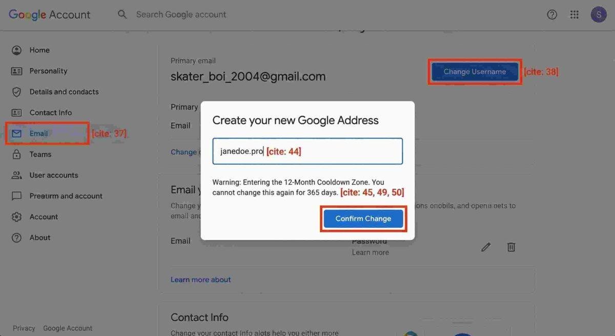 Google Account Email settings showing Create your new Google Address dialog box with cooldown warning notification