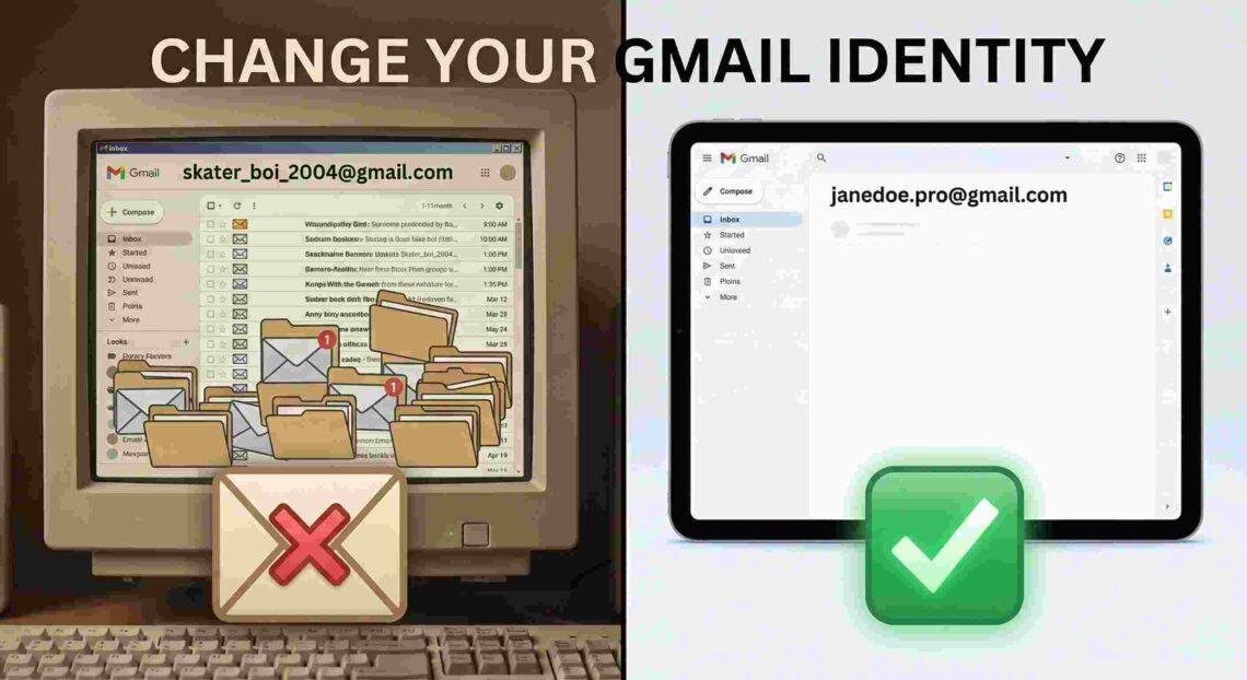 How to Change Your Gmail Address Without Losing Data in 2026 1 Before and after comparison showing cluttered old Gmail inbox versus clean organized new Gmail inbox with professional email address