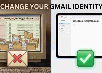 Before and after comparison showing cluttered old Gmail inbox versus clean organized new Gmail inbox with professional email address
