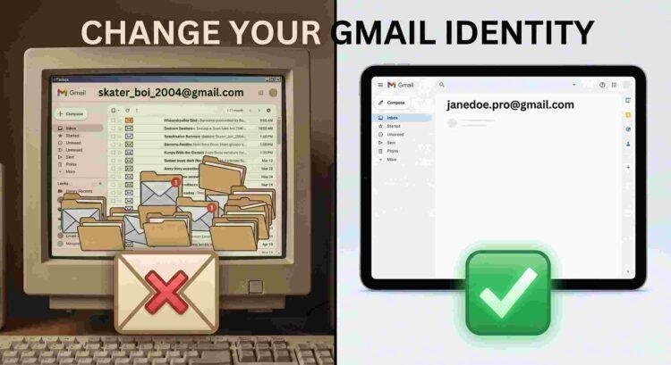 Before and after comparison showing cluttered old Gmail inbox versus clean organized new Gmail inbox with professional email address