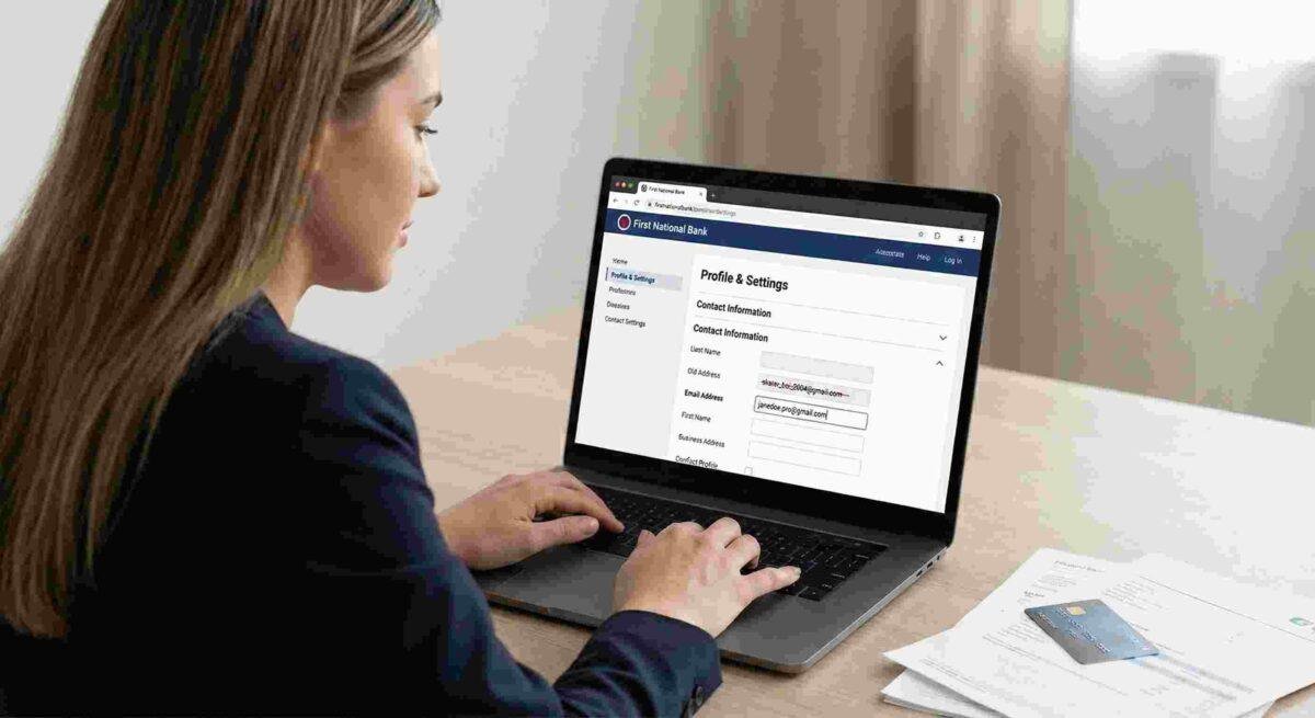 Woman using laptop to access Google Account Profile and Settings page showing menu navigation