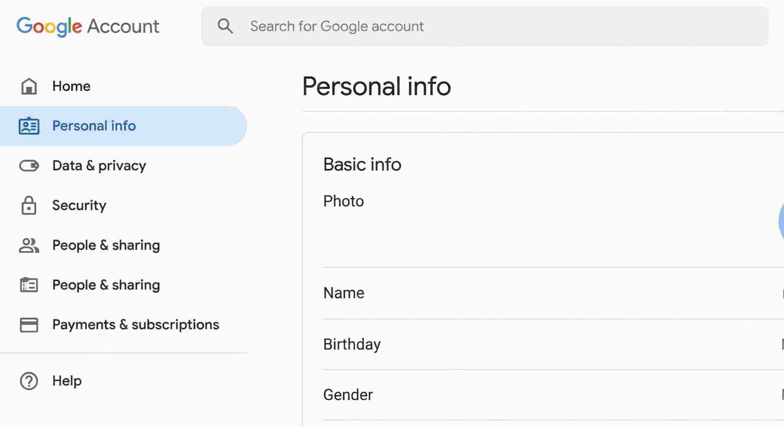 Google Account Personal Info page showing basic information fields including name birthday and gender settings