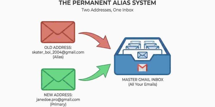 Diagram showing how Google permanent alias system works with old address and new address both pointing to one master Gmail inbox