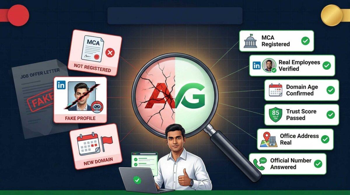 Infographic showing how to verify any company before applying for a job in India — six step verification checklist including MCA registration check at mca gov in, LinkedIn employee profile verification, domain age check at who is, trust score check at scam detector, Google Maps address verification, and official phone number confirmation, with warning signs of fake companies shown on the left including unregistered MCA status, AI generated fake employee profiles, and newly created suspicious domains, connected to the Zorvyn FinTech hiring scam exposed in 2026