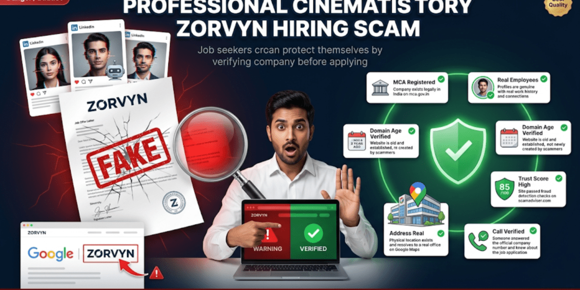 Zorvyn Hiring Scam Exposed: Fake Offer Letters Are Targeting Indian Job Seekers in 2026 6 Infographic showing how to verify if a company is real or fake before applying for a job in India, with Zorvyn FinTech hiring scam exposed and six step verification checklist including MCA registration check, LinkedIn employee verification, domain age, trust score, address confirmation and phone verification