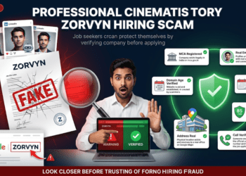 Infographic showing how to verify if a company is real or fake before applying for a job in India, with Zorvyn FinTech hiring scam exposed and six step verification checklist including MCA registration check, LinkedIn employee verification, domain age, trust score, address confirmation and phone verification