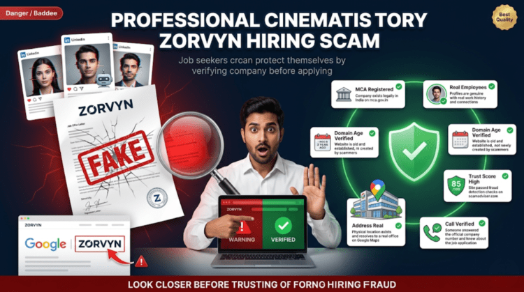 Infographic showing how to verify if a company is real or fake before applying for a job in India, with Zorvyn FinTech hiring scam exposed and six step verification checklist including MCA registration check, LinkedIn employee verification, domain age, trust score, address confirmation and phone verification