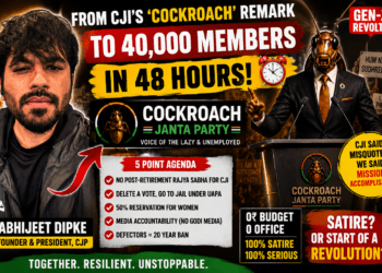 Abhijeet Dipke beside a Cockroach Janta Party podium with viral political protest graphics, discussing the rise of CJP 2029 after CJI Surya Kant’s cockroach remark controversy in India.