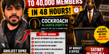 Abhijeet Dipke beside a Cockroach Janta Party podium with viral political protest graphics, discussing the rise of CJP 2029 after CJI Surya Kant’s cockroach remark controversy in India.