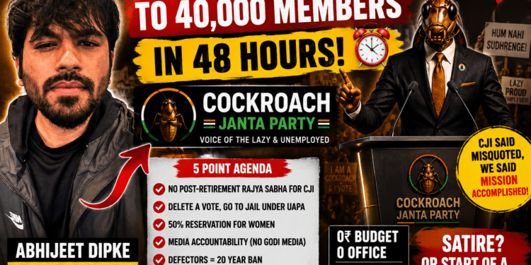 Abhijeet Dipke beside a Cockroach Janta Party podium with viral political protest graphics, discussing the rise of CJP 2029 after CJI Surya Kant’s cockroach remark controversy in India.