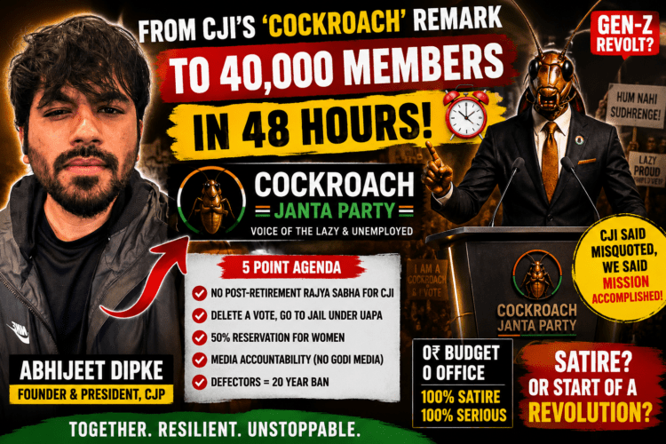 Abhijeet Dipke beside a Cockroach Janta Party podium with viral political protest graphics, discussing the rise of CJP 2029 after CJI Surya Kant’s cockroach remark controversy in India.